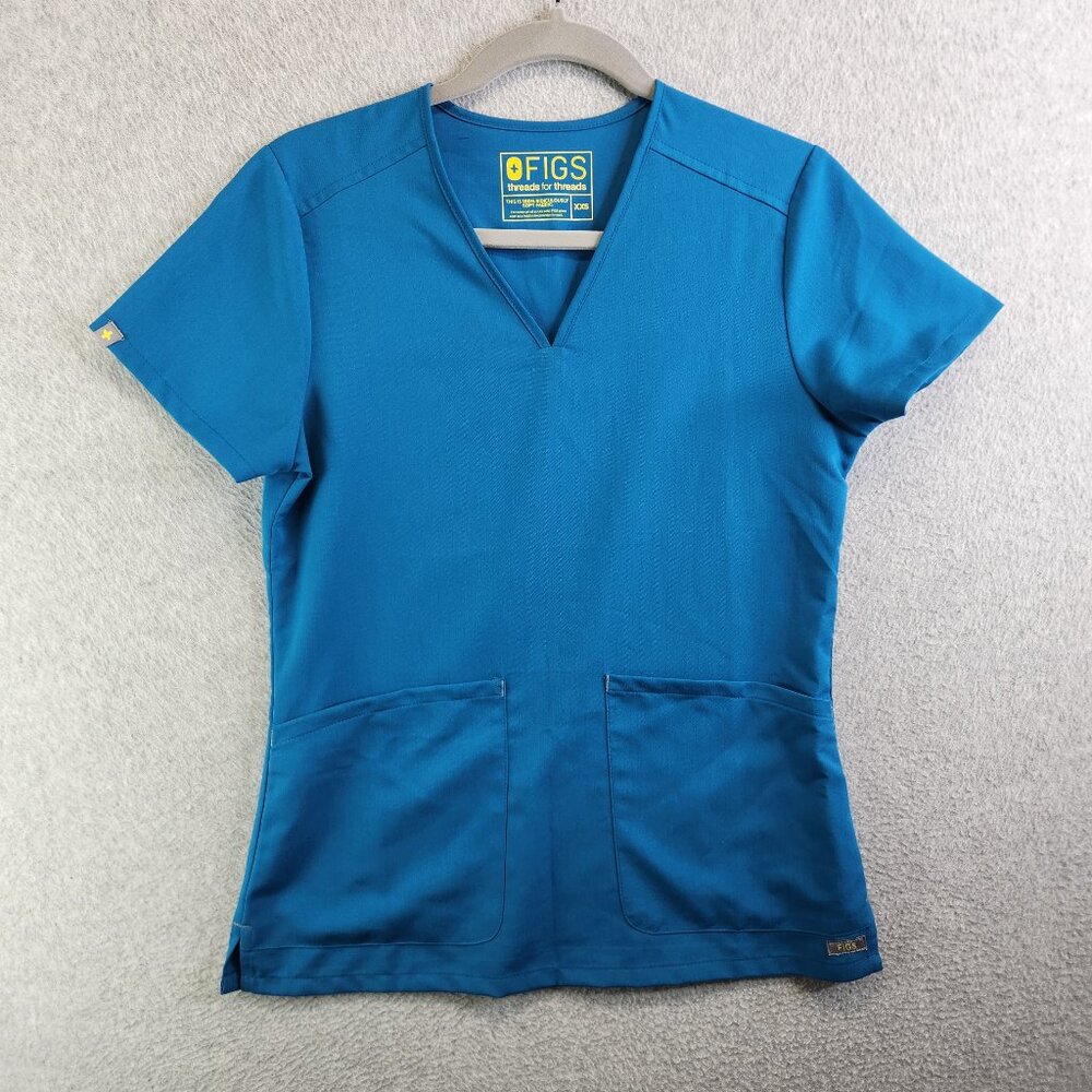 Figs Scrub Top Womens XXS Blue Pen Pocket Slim Fit Nurse Scrubs Vet